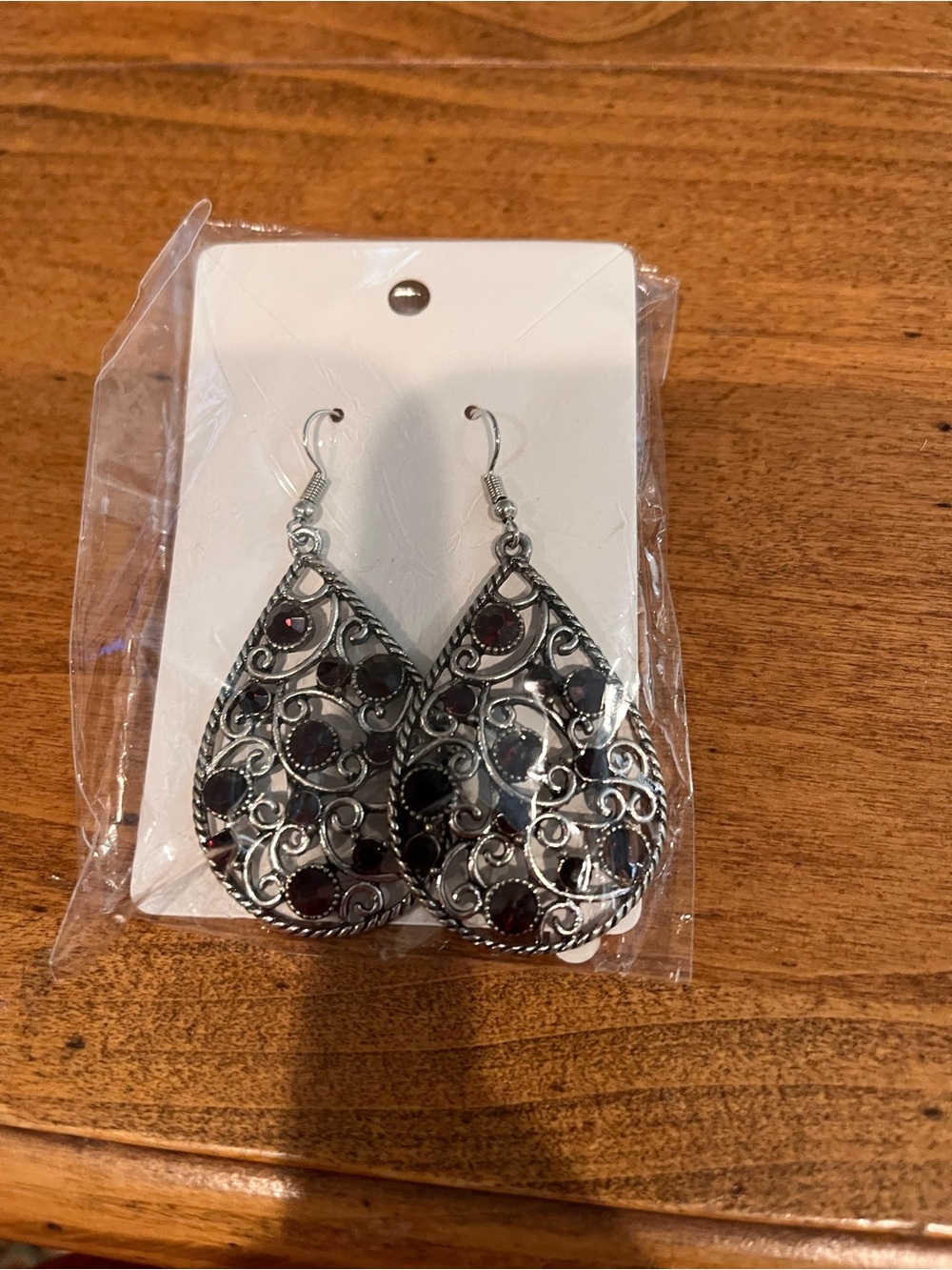 Silver Teardrop Filigree Earrings with Deep Red Stones